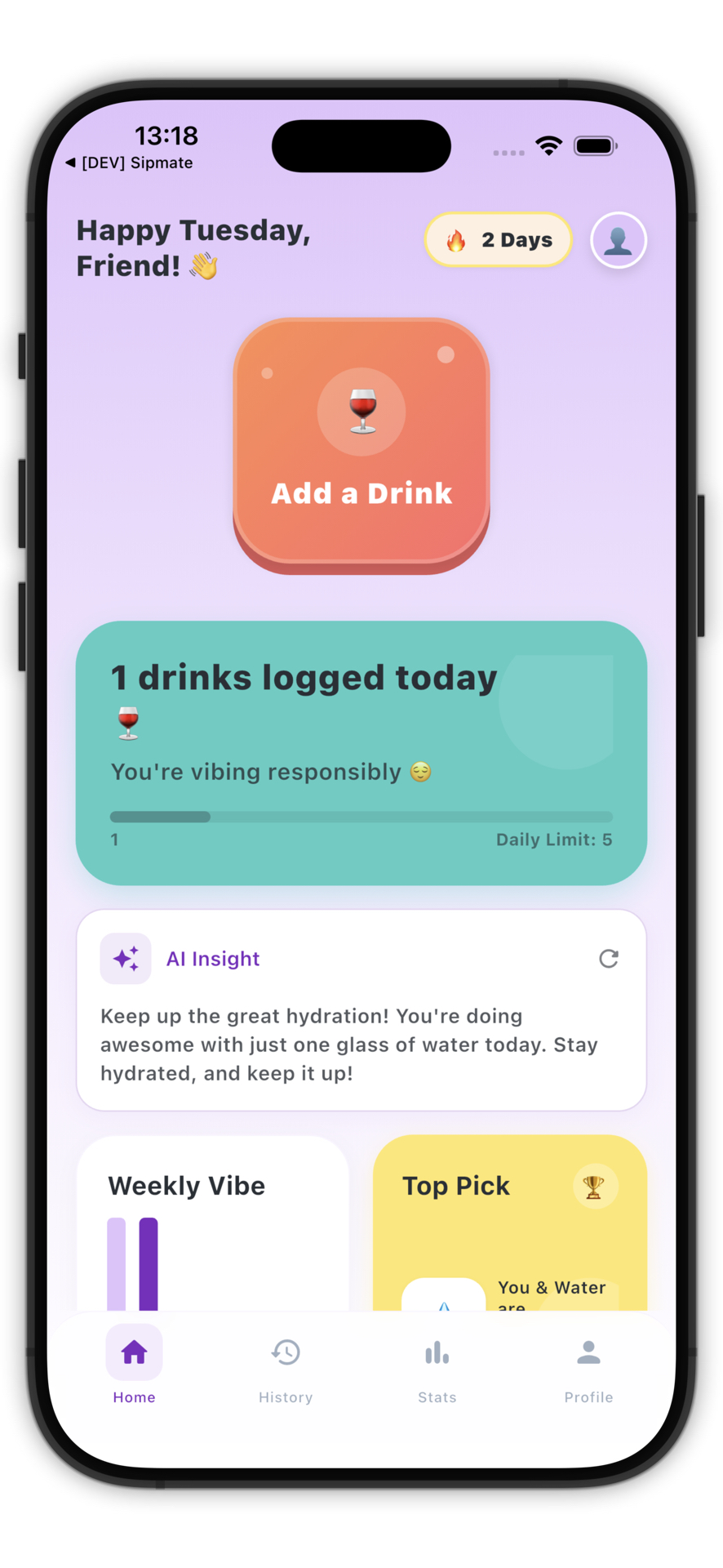 Sipmate Home Screen